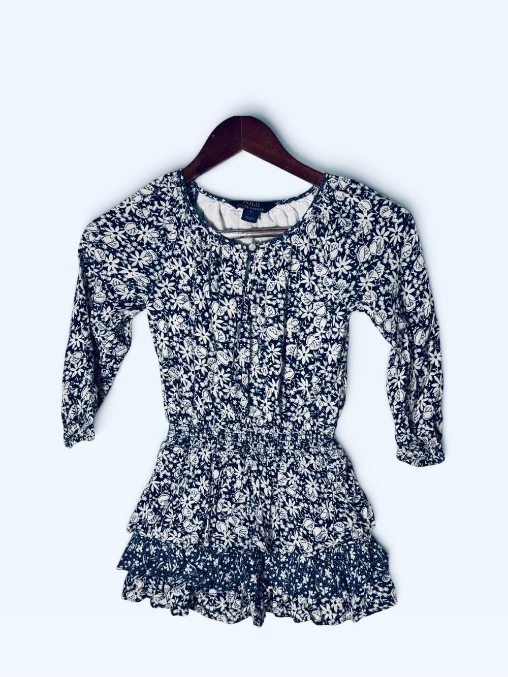 Polo Ralph Lauren Kids Girls Blue White Floral Smocked Dress Size 5